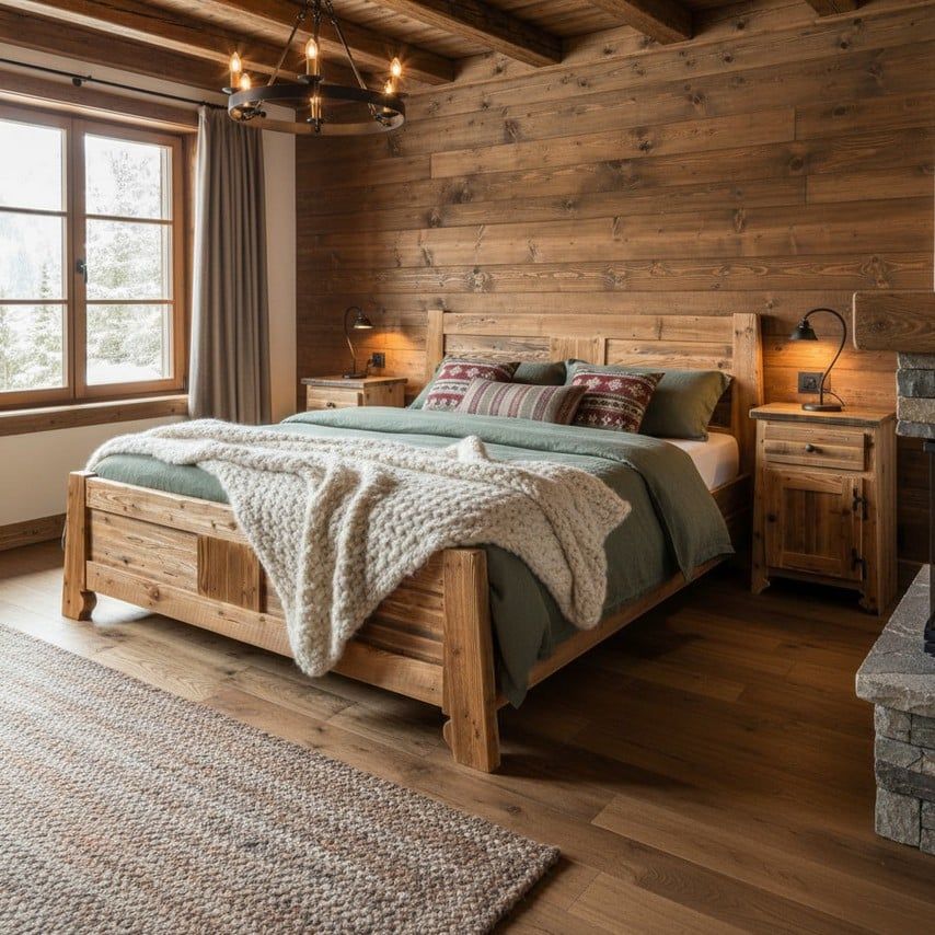 Tavolo rustico in legno massello in cucina stile montagna con atmosfera calda