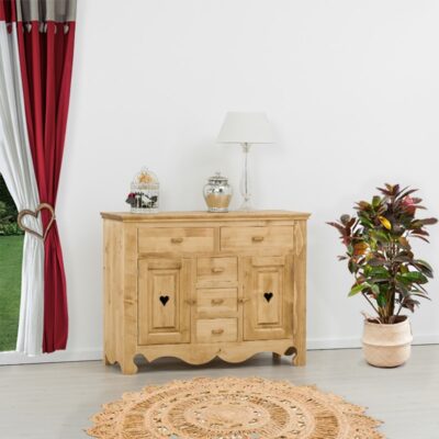 Base credenza in legno massello 2 ante e 5 cassetti con cuori