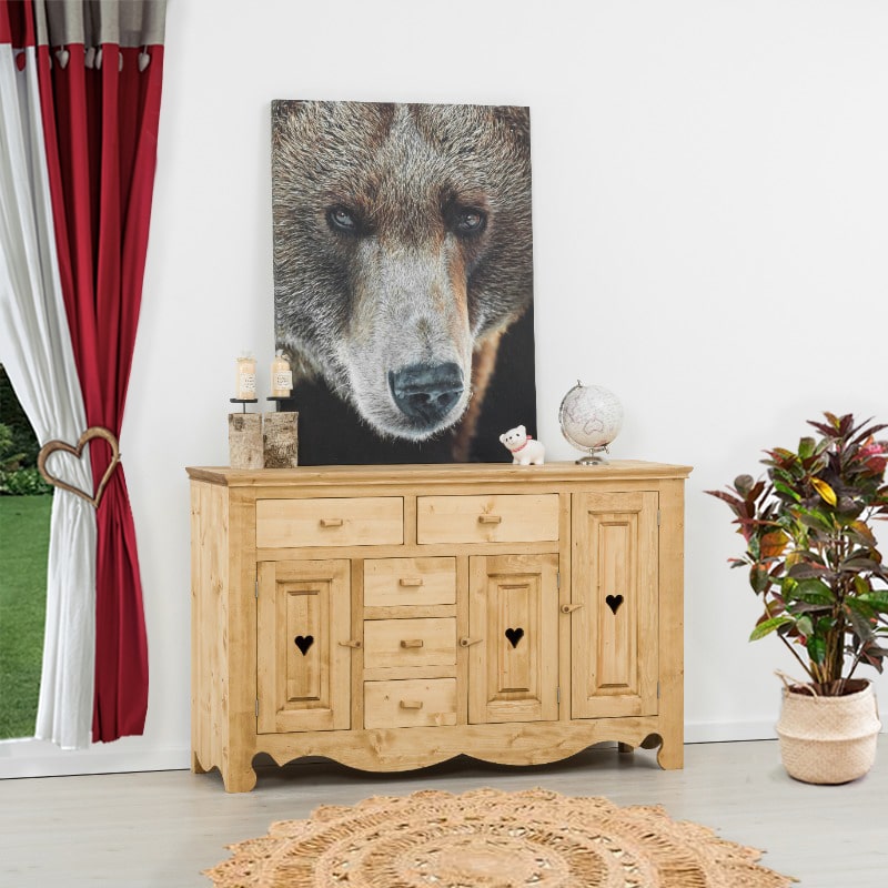 Base credenza 3 ante e 5 cassetti con cuori in legno massello