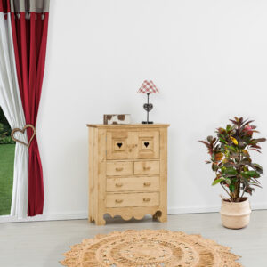 Comò 2 ante con cuori e 4 cassetti in legno massello