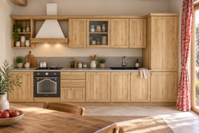 Cucina 390 cm composizione tipo lineare LEGNO DI ABETE MASSELLO LM-CUCINA390