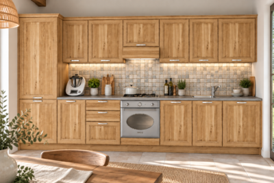 Cucina 375 cm composizione tipo lineare LEGNO DI ABETE MASSELLO LM-CUCINA375